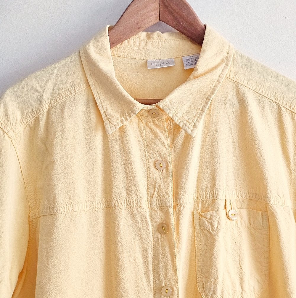 Erika Woman Yellow Button Front Shirt 1X Short Sleeve Cotton Blouse Casual - Picture 2 of 7